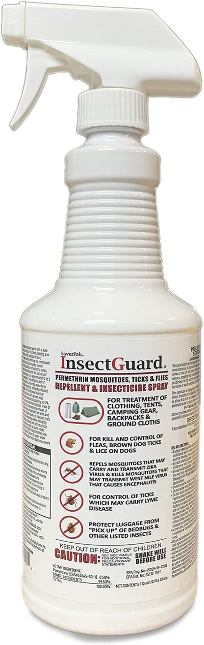 Full view of SaverPak InsectGuard water-based permethrin repellent demonstrating heavy-duty container design for stable use.