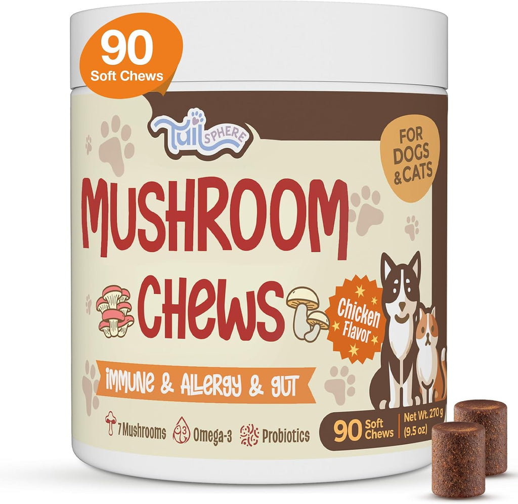 TailSphere 12-in-1 Turkey Tail Mushroom Chews front view container for dog immune support