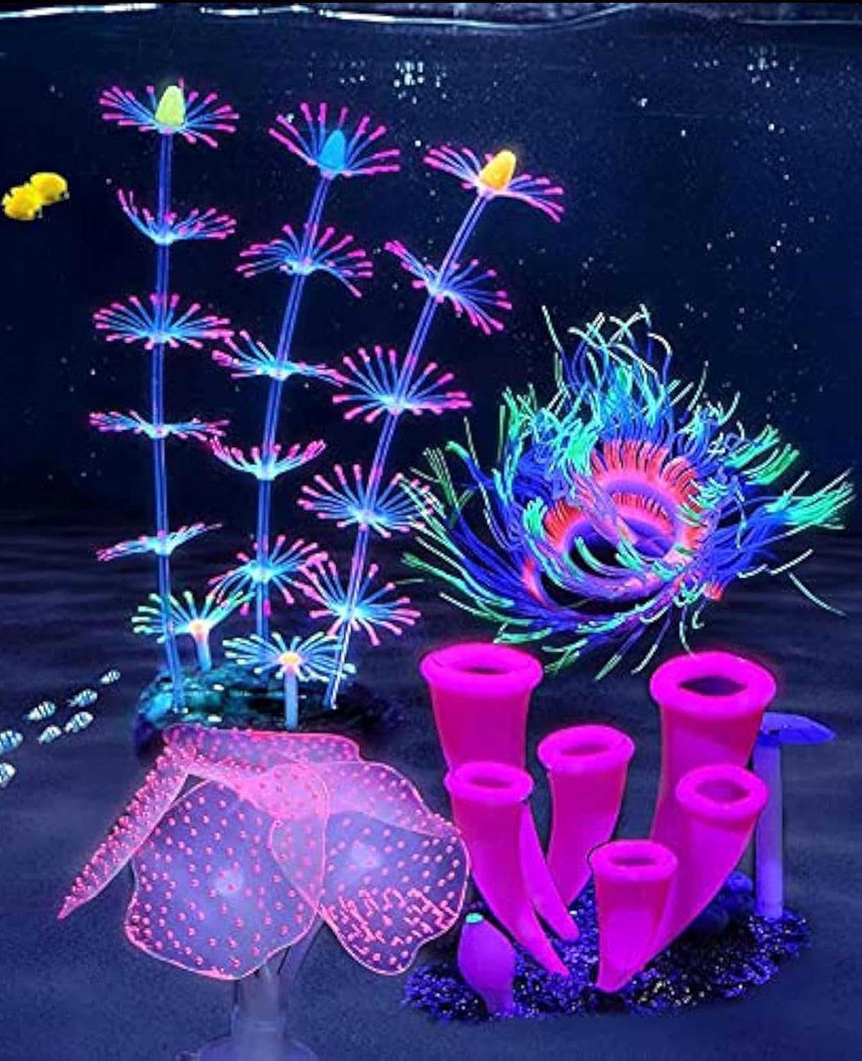 ZtohPyo 4 Piece Glowing Fish Tank Decorations front view of the full silicone coral set