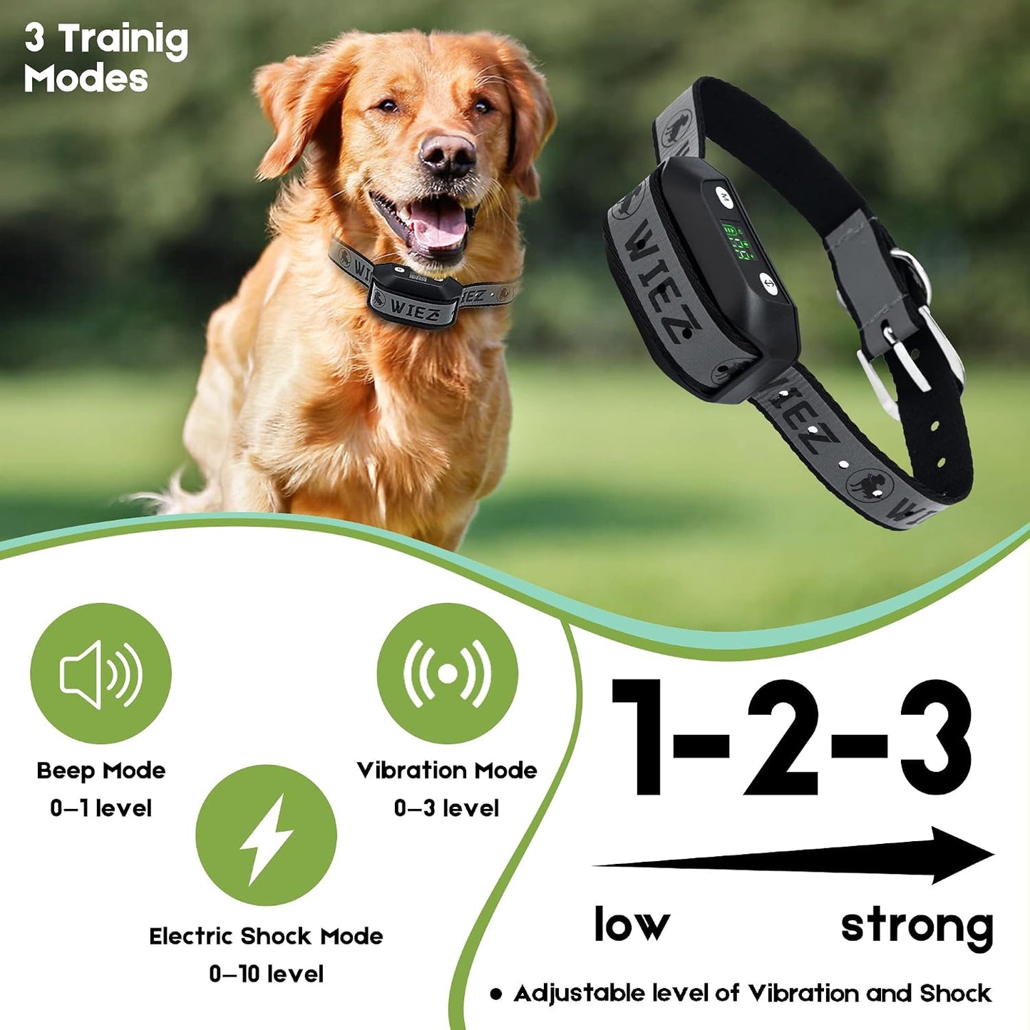 Adjustable warning strength controls on a GPS dog fence receiver collar