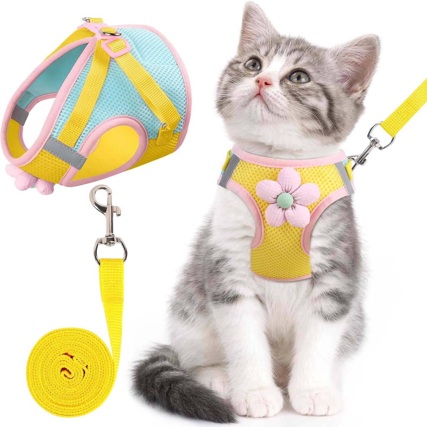 Cat Harness and Leash Set for Walking Escape Proof, Adjustable Kitten Harness Breathable Mesh with Reflective Strips Harness with Flower for Kitty Puppy Bunny - Image 9