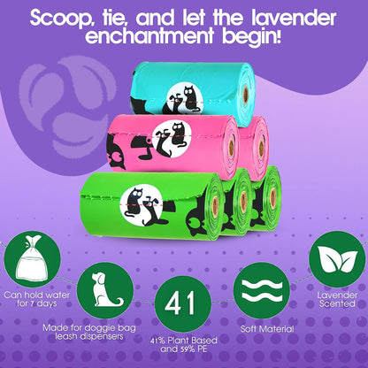 Biodegradable blend lavender fragranced dog poop rolls packaging