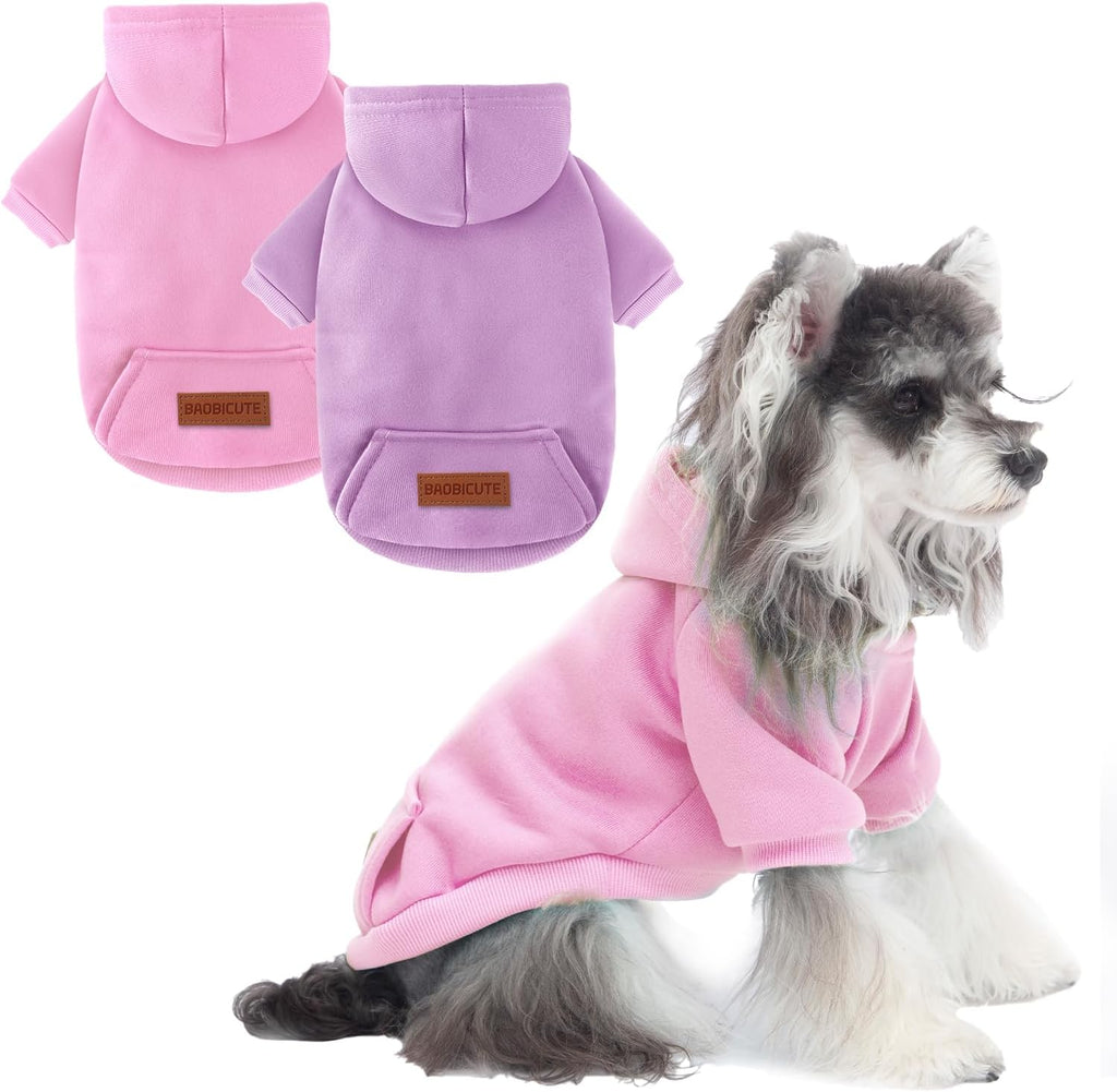BAOBICUTE 2 pack dog hoodie front view pink and purple winter pet sweatshirt