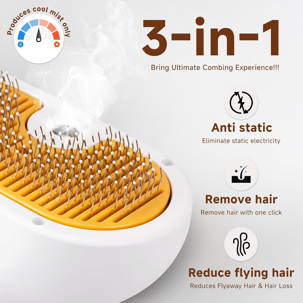 Close up of the VVWVVW grooming comb silicone massage bristles releasing a fine anti static mist