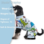 Back view of the blue dinosaur puppy onesie illustrating full body coverage for shedding control.
