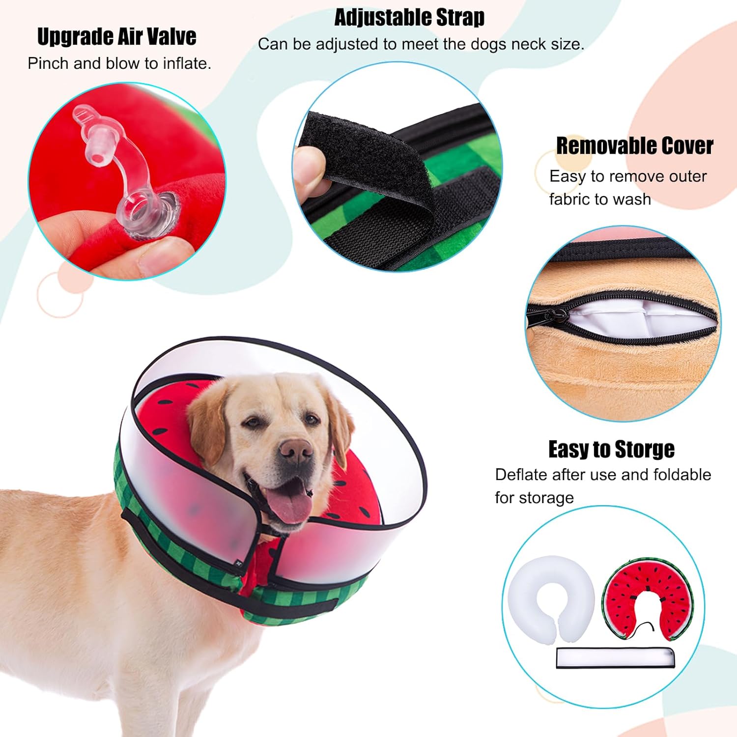 Inflatable watermelon pattern pet neck pillow showing downward facing air valve