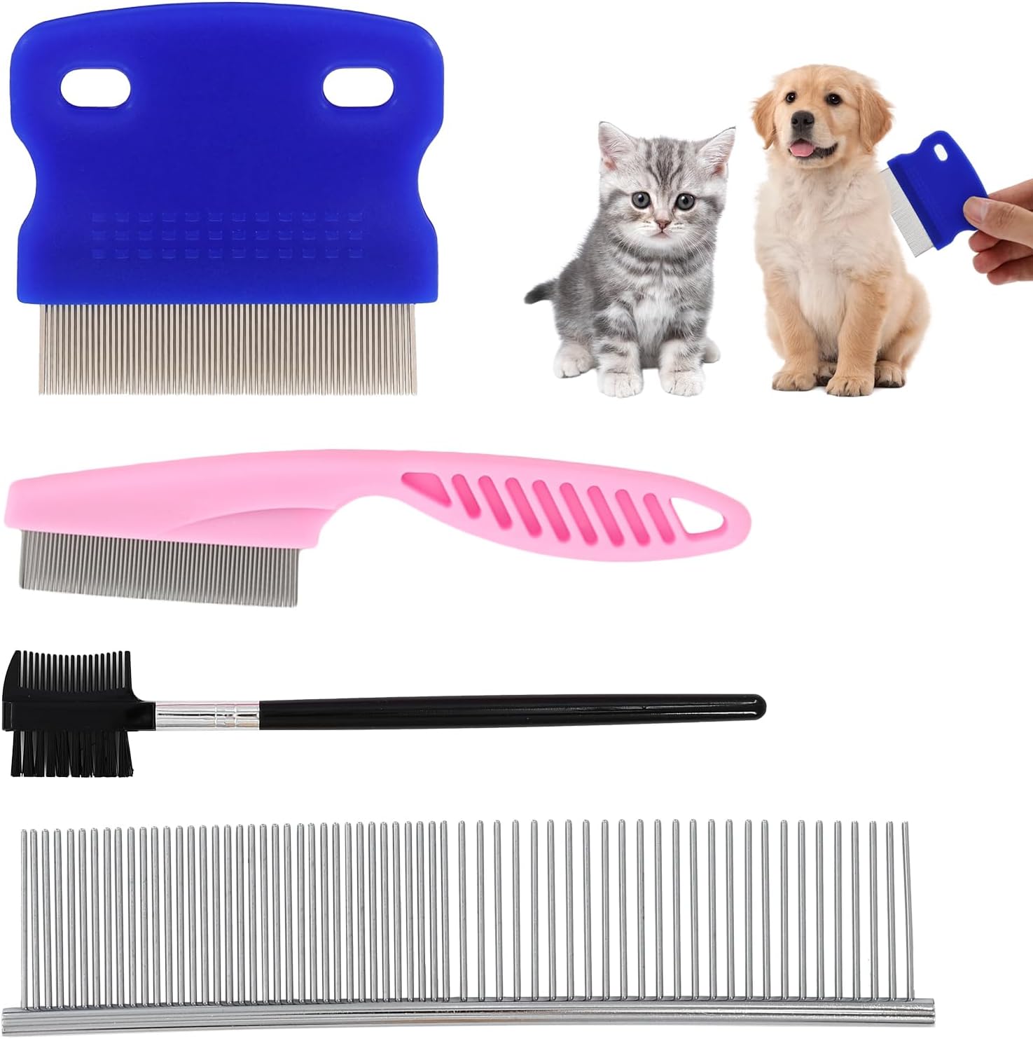 TURAOHU 4 Piece Pet Flea Combs kit front view showing all four stainless steel grooming brushes