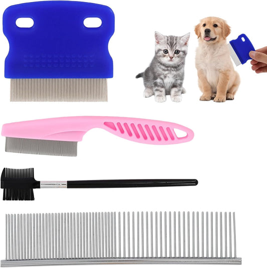 TURAOHU 4 Piece Pet Flea Combs kit front view showing all four stainless steel grooming brushes