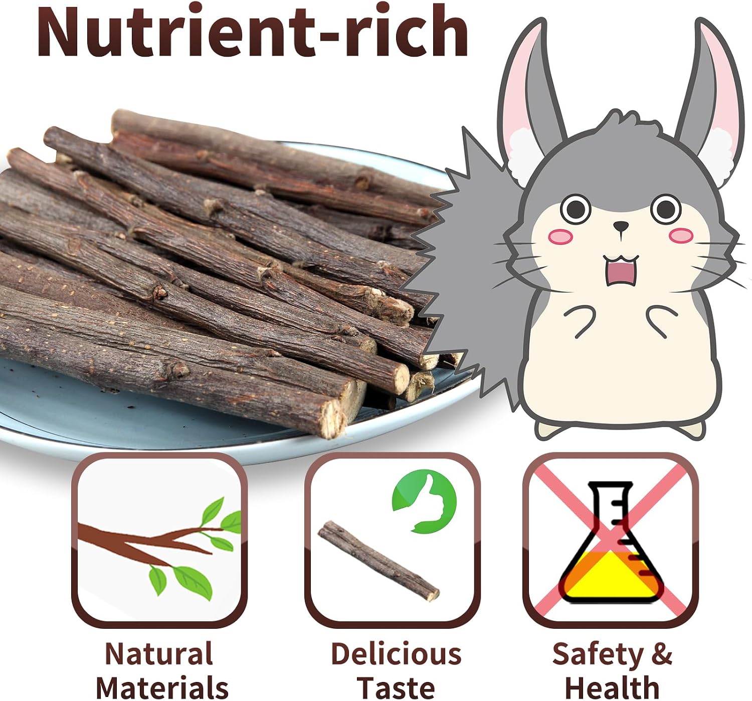 Close up look of natural apple wood molar sticks for small animal teeth trimming