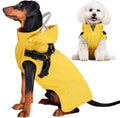Lukovee dog raincoat front view showing yellow waterproof material on a medium dog
