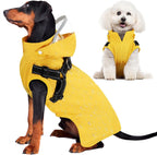 Lukovee dog raincoat front view showing yellow waterproof material on a medium dog