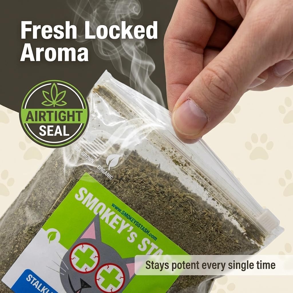 Authentic Smokey's Stash strong pet attractant bag demonstrating its thick protective packaging