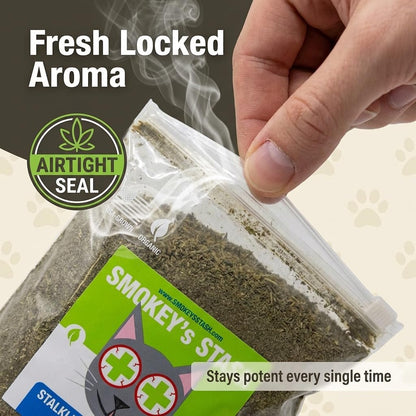 Authentic Smokey's Stash strong pet attractant bag demonstrating its thick protective packaging