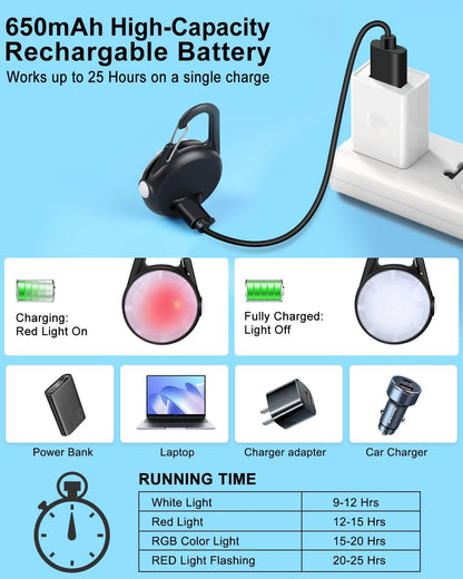 DAAMENT Night Walking Glow Charm showing the robust stainless steel carabiner hook mechanism.