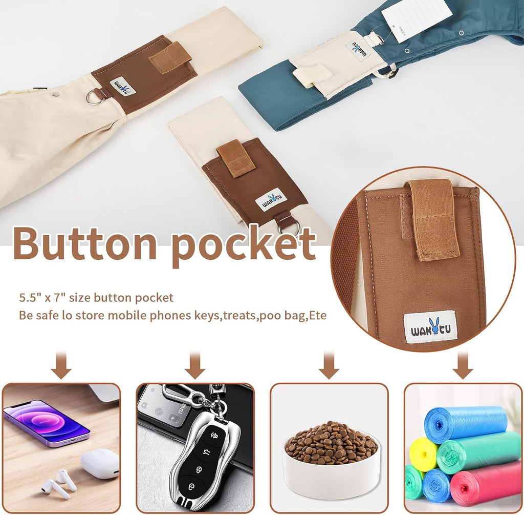 Small dog resting inside beige Wakytu pet sling