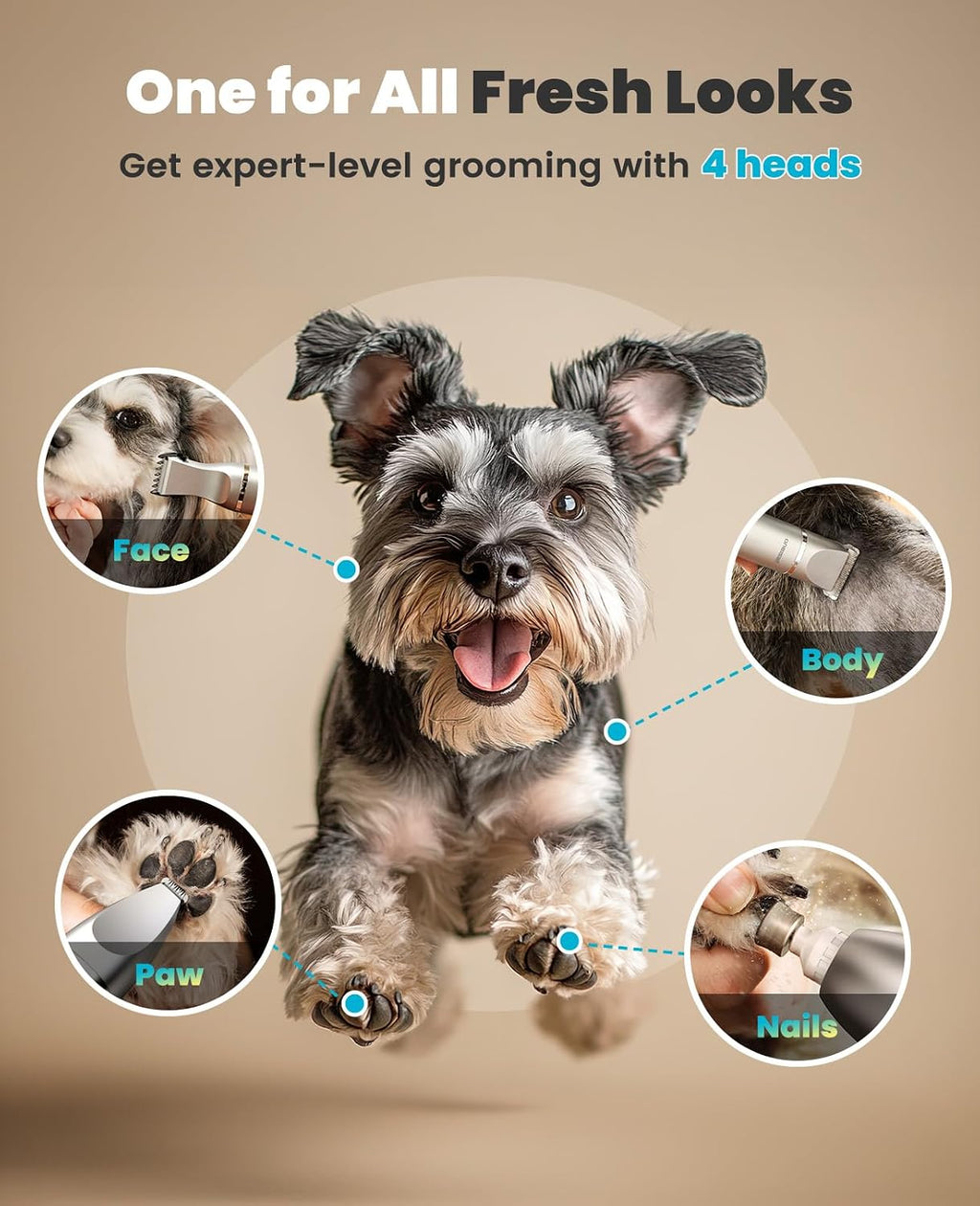 Oneisall rechargeable pet hair trimmer kit showing four interchangeable heads including the nail grinder and paw trimmer