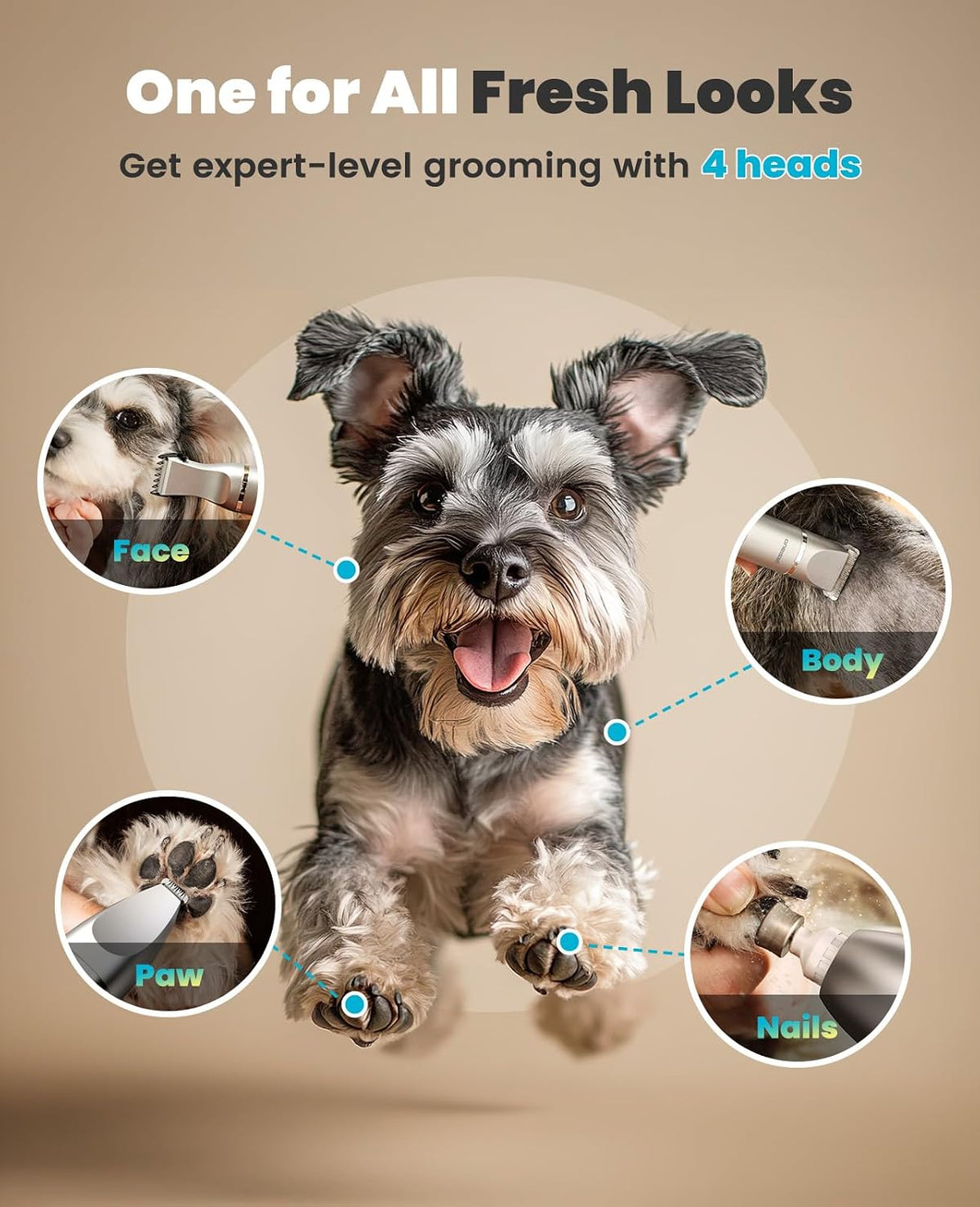 Oneisall rechargeable pet hair trimmer kit showing four interchangeable heads including the nail grinder and paw trimmer
