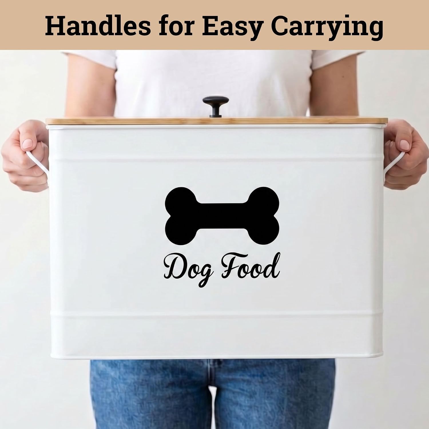 Dog Food Container Airtight 15-20 lb (70 Cup) Capacity with Metal Scoop - Cute Airtight Dog Food Storage Container with Bamboo Lid - White Metal Kibble Storage Bin for Dogs up to 100 lbs - Big Pet Jar - Image 8