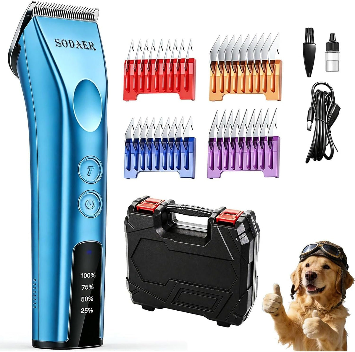 Purabelle purple dog clippers being adjusted for small and large dog coats.