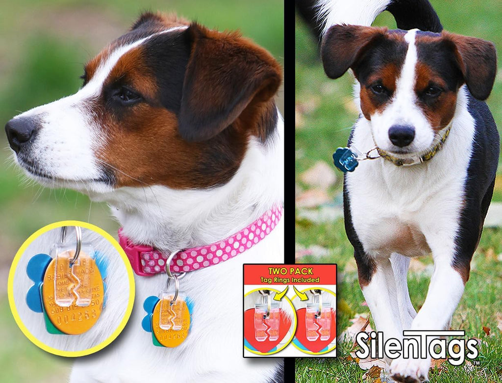 SilenTags clear noise reduction pet tag clips with two metal rings