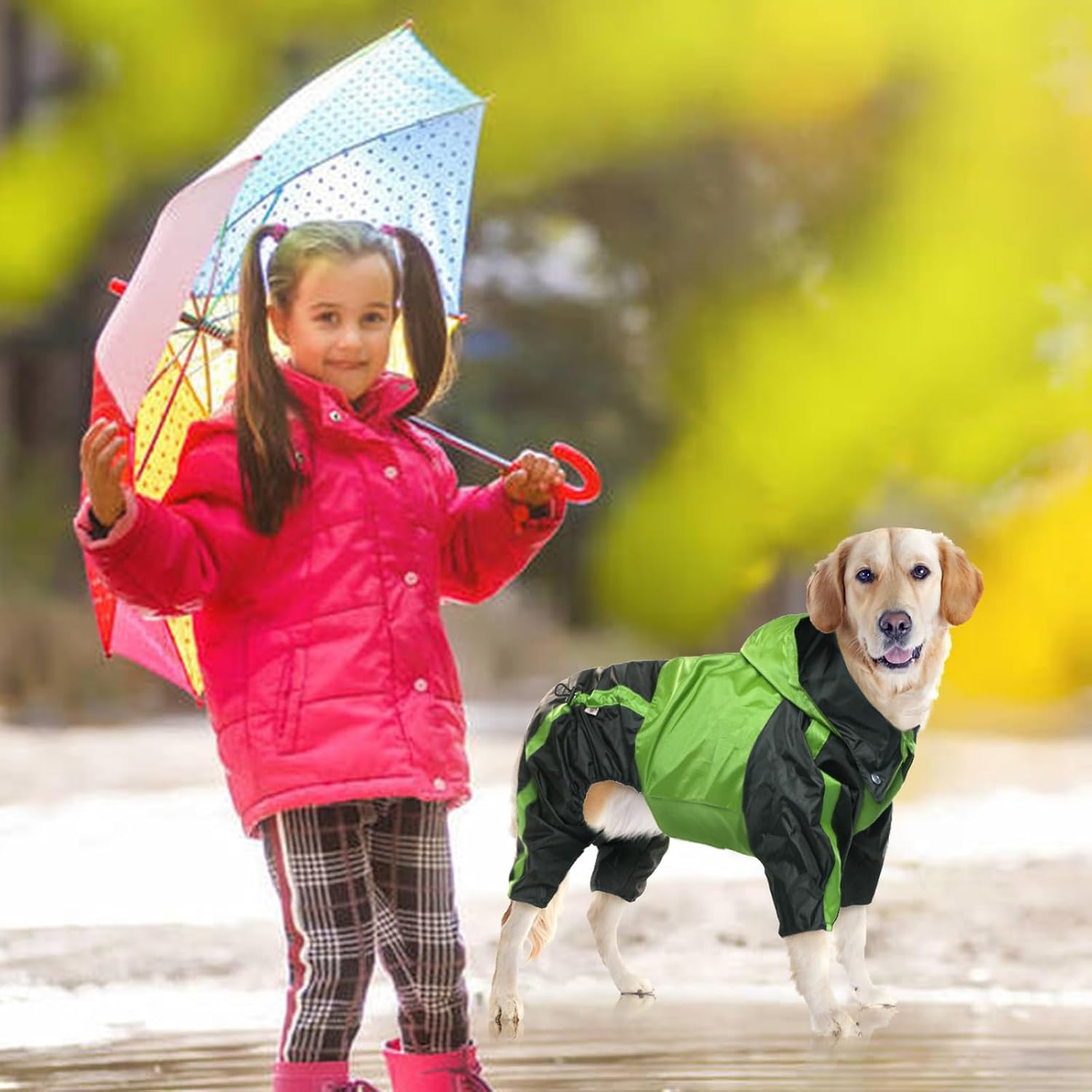 Lightweight nylon dog poncho showing adjustable toggles for custom fit.