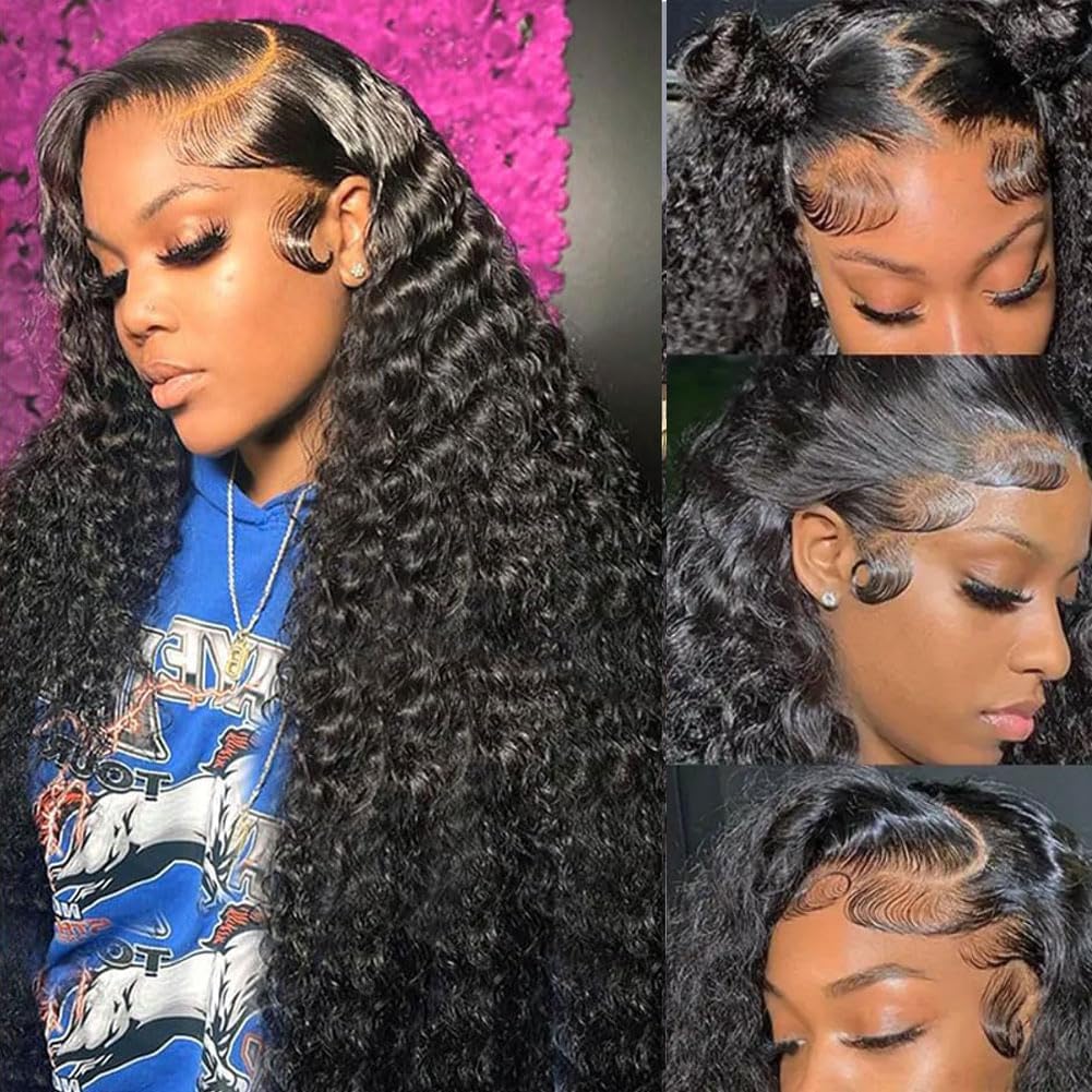Rozilo Aomllute 30 Inch Deep Wave Lace Front Wig front view displaying volumetric natural black curls.