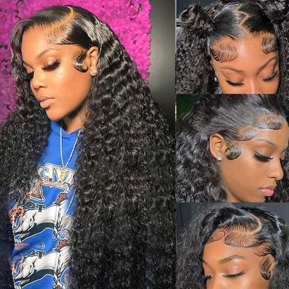 Rozilo Aomllute 30 Inch Deep Wave Lace Front Wig front view displaying volumetric natural black curls.
