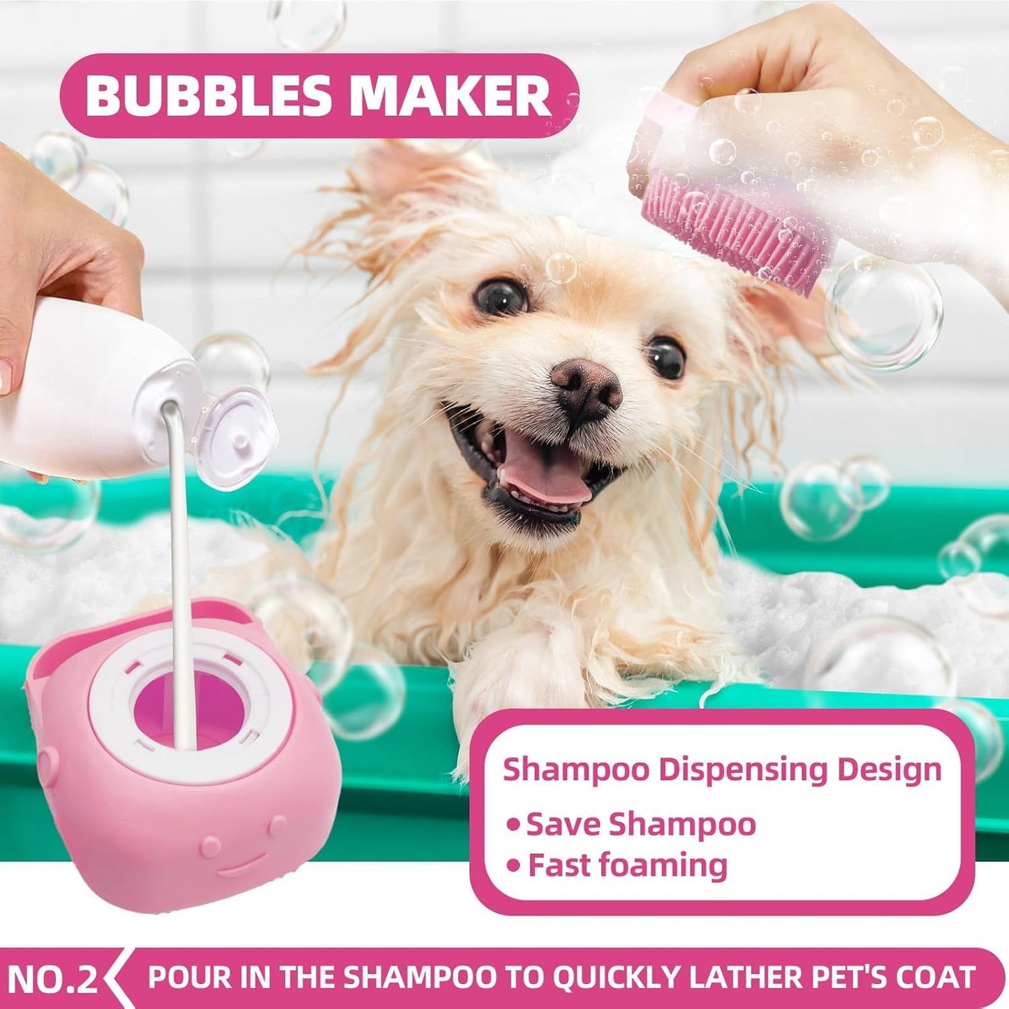 Pink rubber shampoo dispenser brush for foaming pet baths.