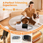 Demonstration of the professional blow dryer nozzle drying a dog coat with adjustable heat settings.