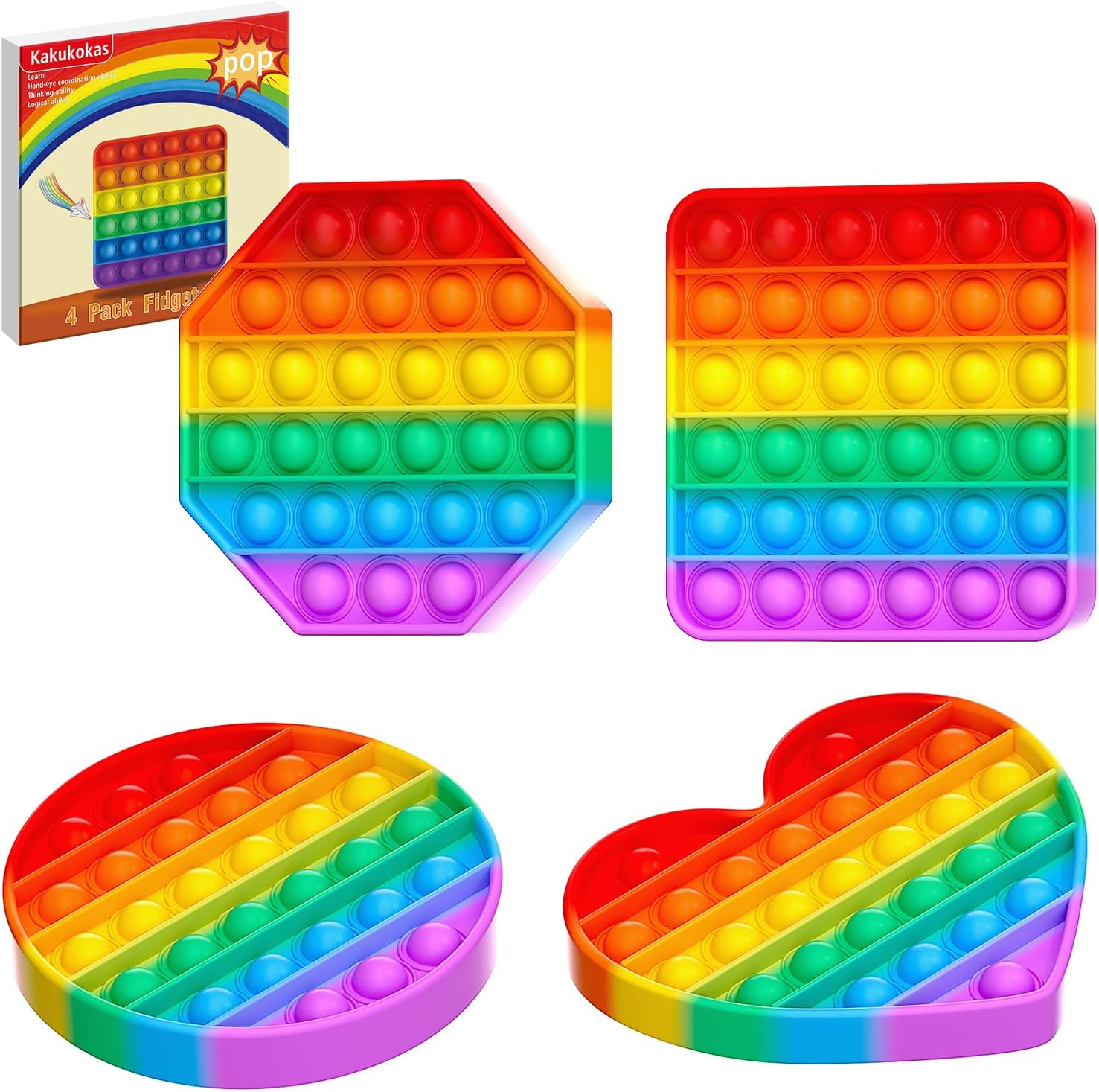 Kakukokas Rainbow Pop Fidget Toys four pack front view showing heart, circular, square, and octagonal shapes in multicolored silicone.