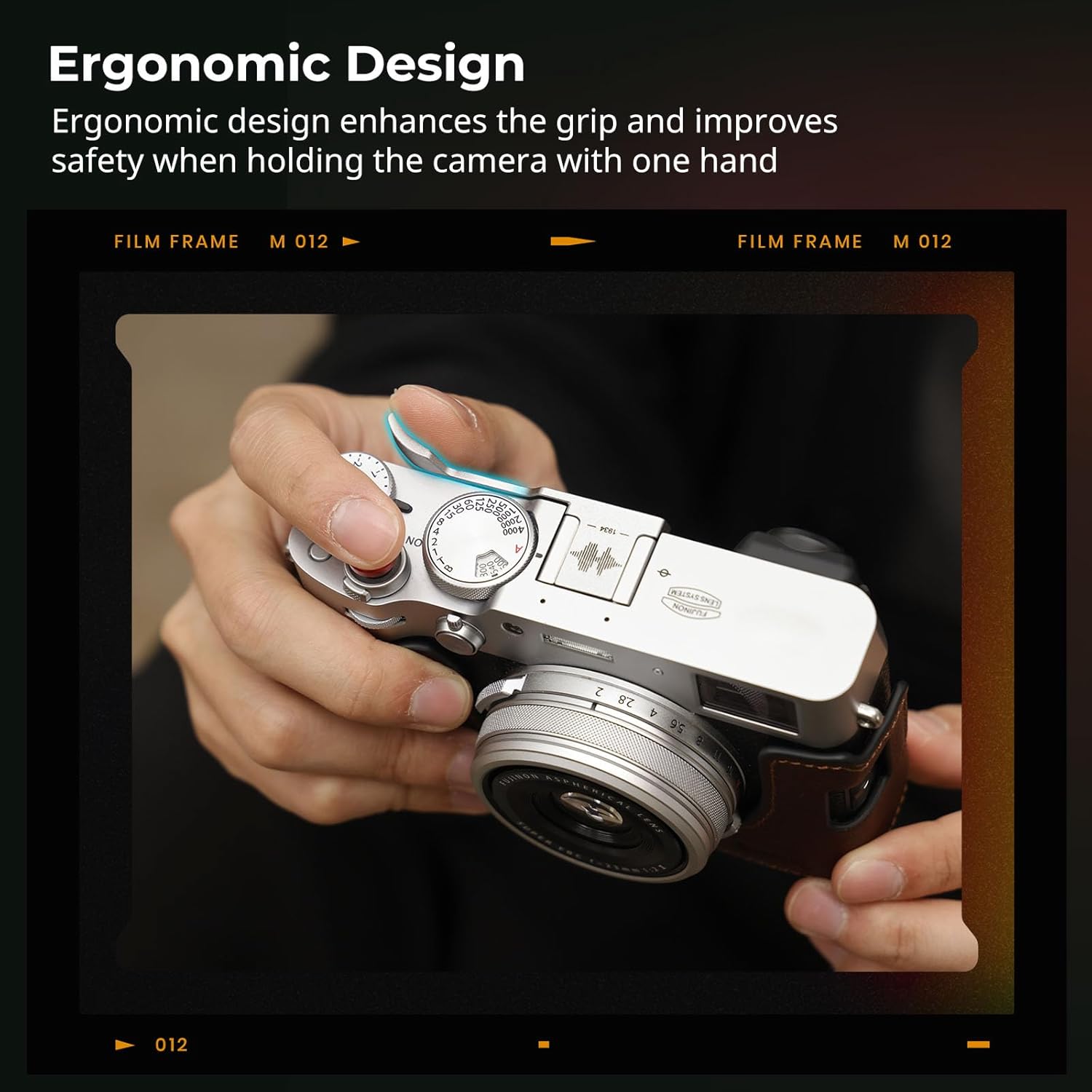 Concave shutter release button installed on camera alongside thumb grip
