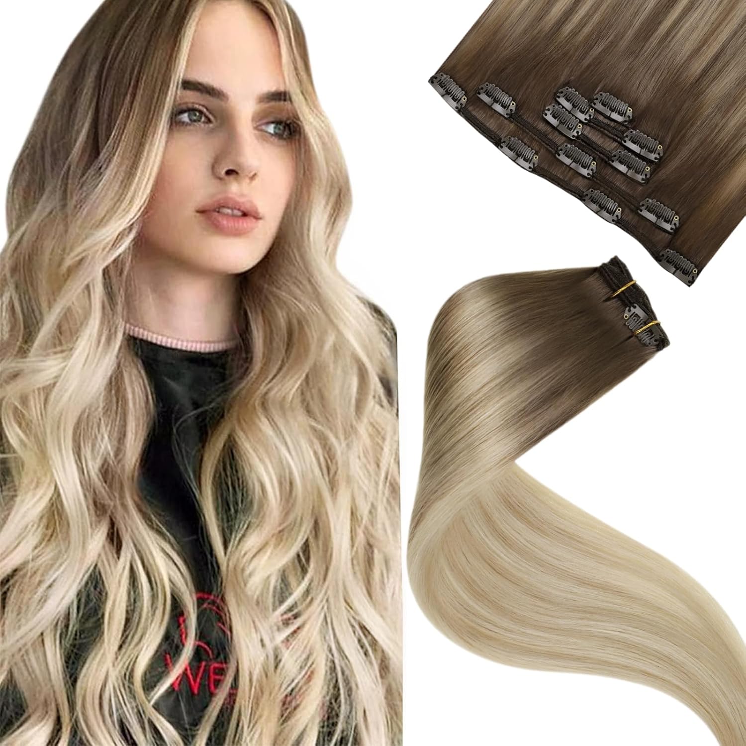 LaaVoo Clip In Hair Extensions real human hair blonde ombre front view packaging
