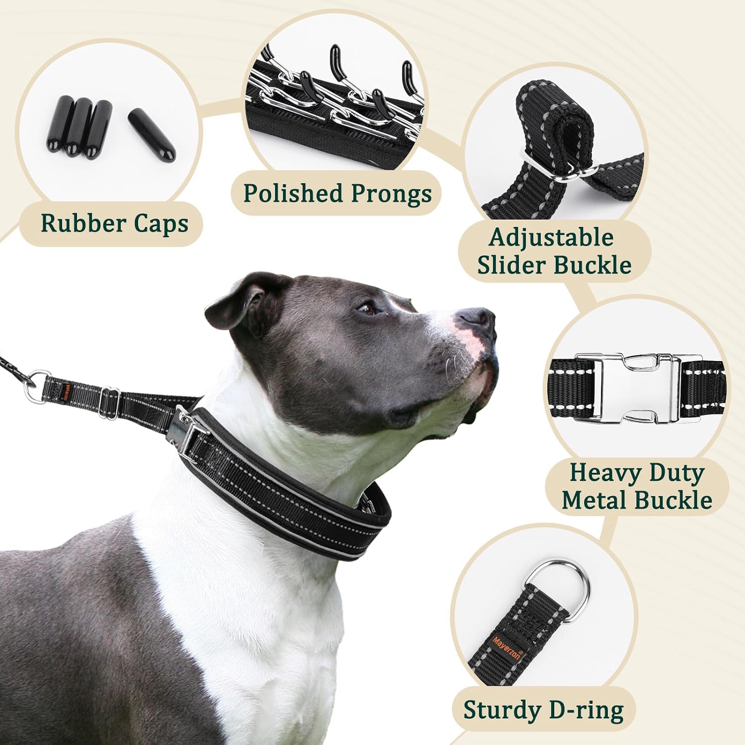 Mayerzon no pull dog collar size extra large on a German Shepherd neck position illustration.
