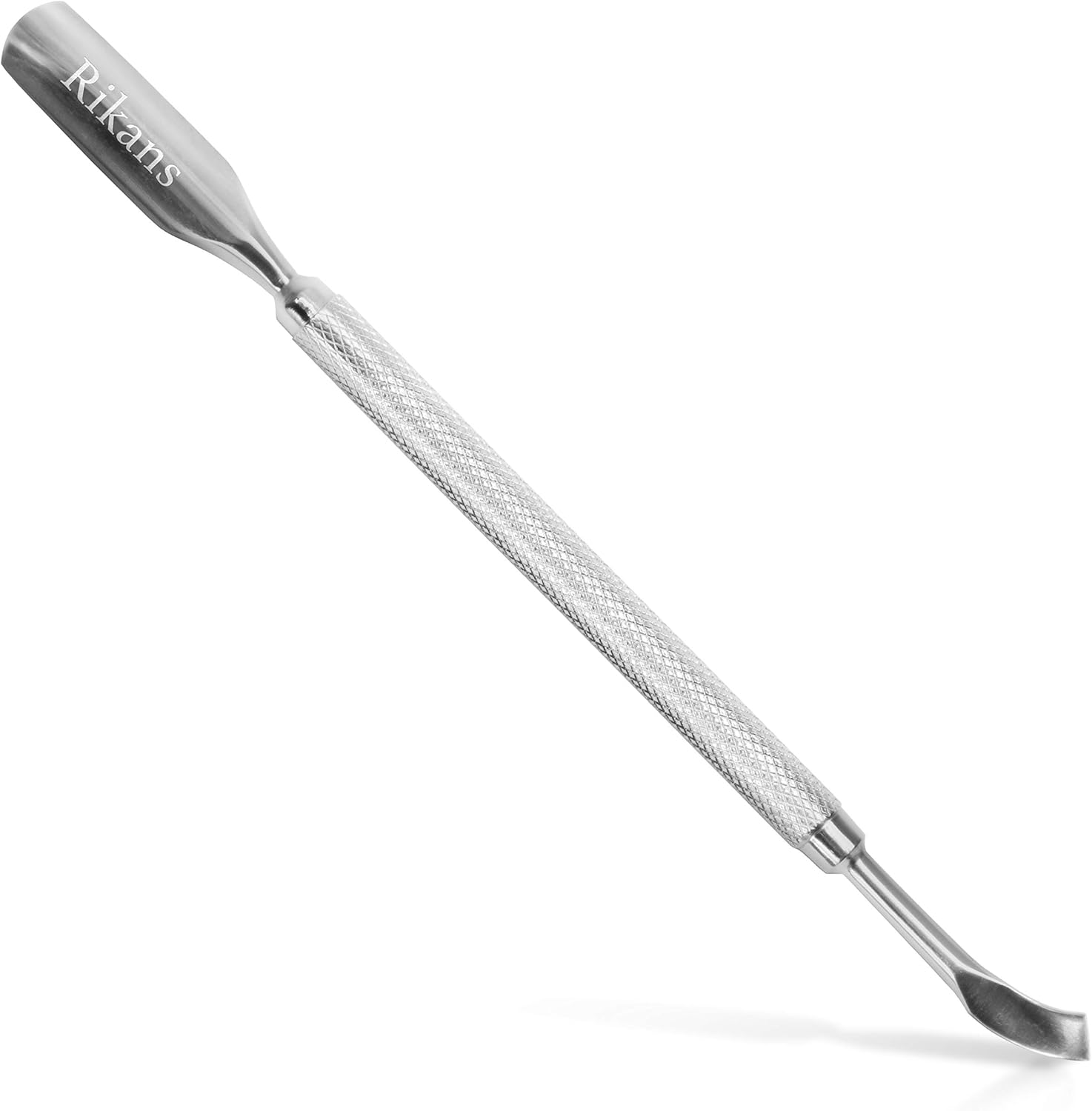 Rikans stainless steel dual ended cuticle pusher tool front view