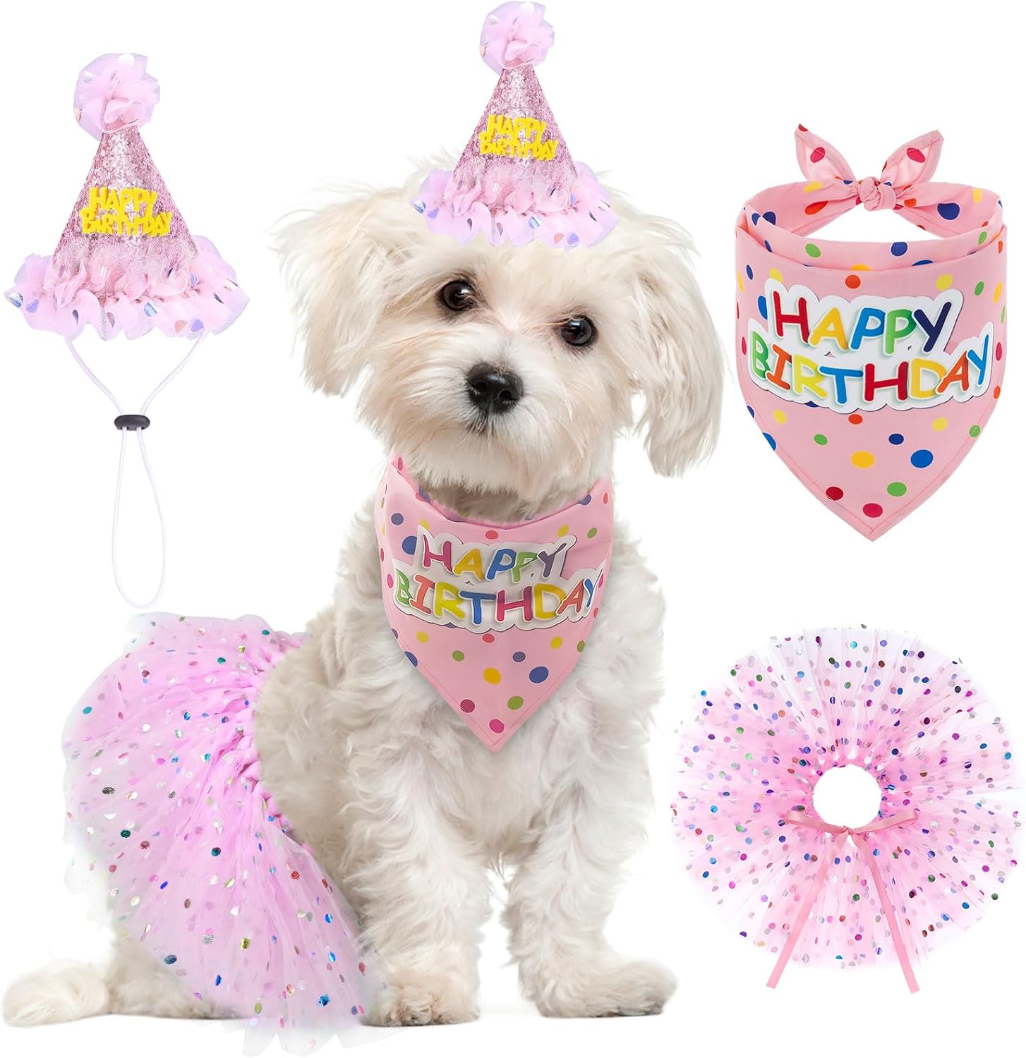 SCENEREAL dog birthday bandana with hat and dress girl set front view pink puppy party supplies