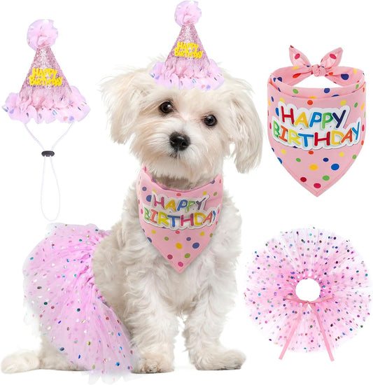 SCENEREAL dog birthday bandana with hat and dress girl set front view pink puppy party supplies