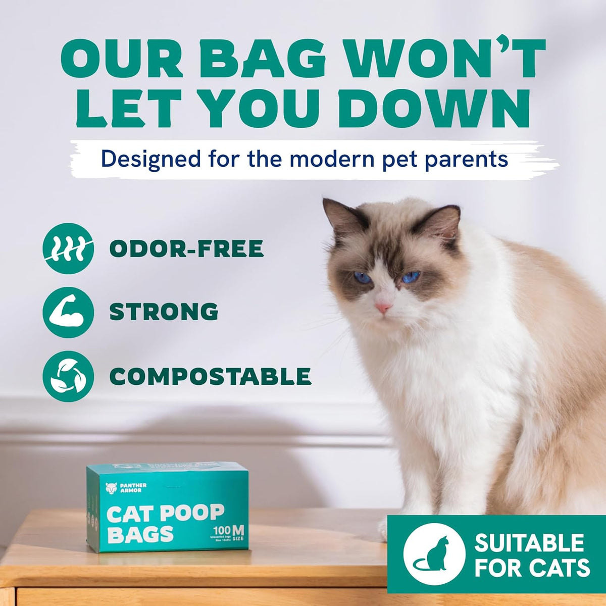 Close up of easy-tear perforation on cat waste bag roll