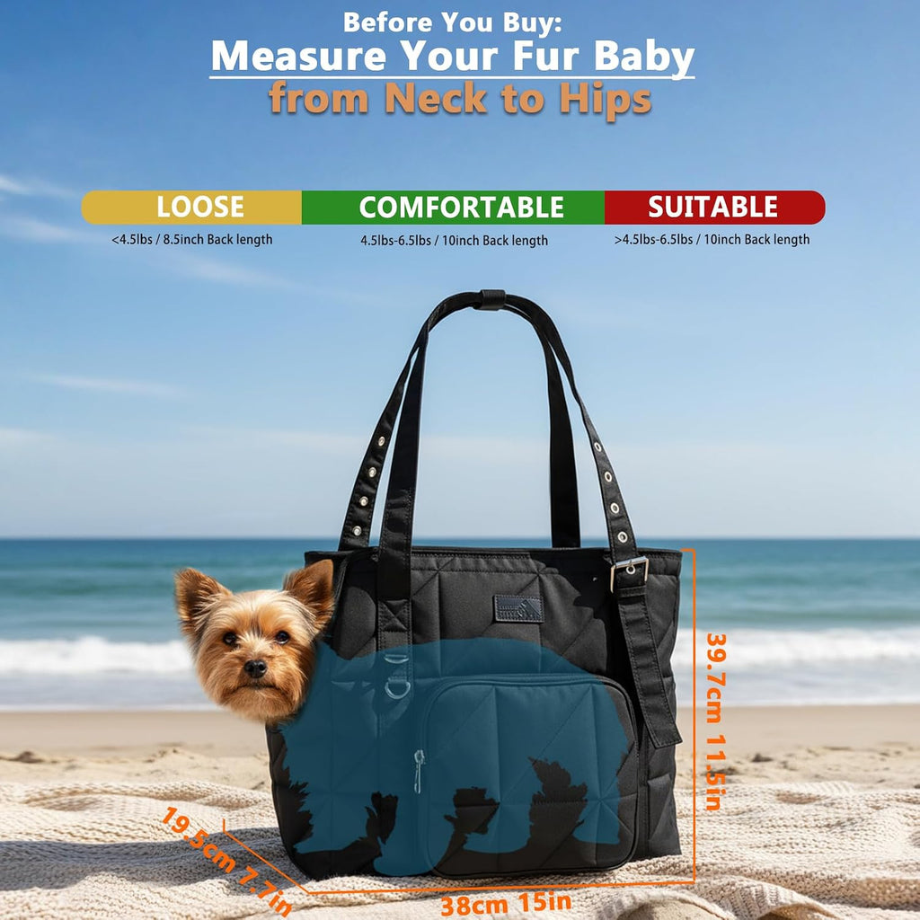 Small dog sitting comfortably inside Senior Budday purse carrier