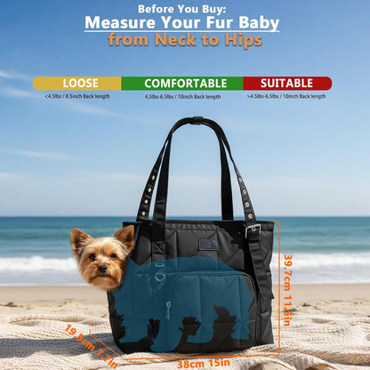Small dog sitting comfortably inside Senior Budday purse carrier