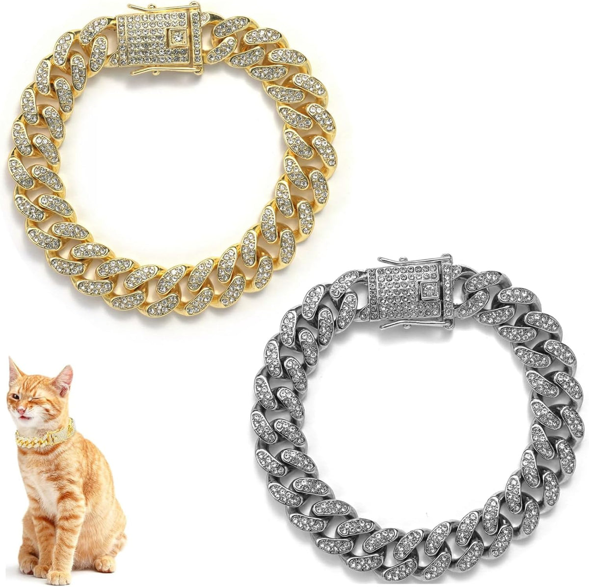 DKJEkdje diamond cuban link pet walking collar set front view showing gold and silver chains