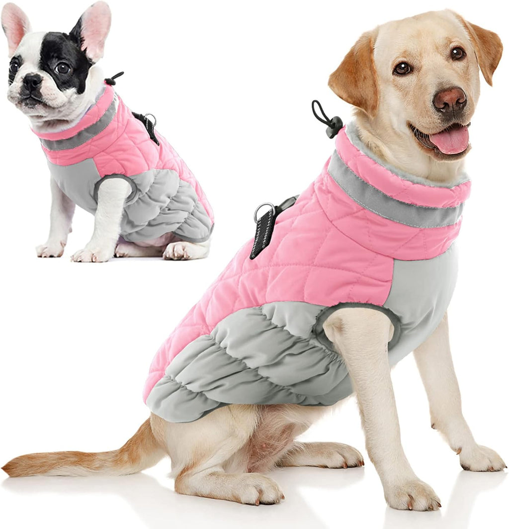 Aofitee pink dog winter coat front view with harness