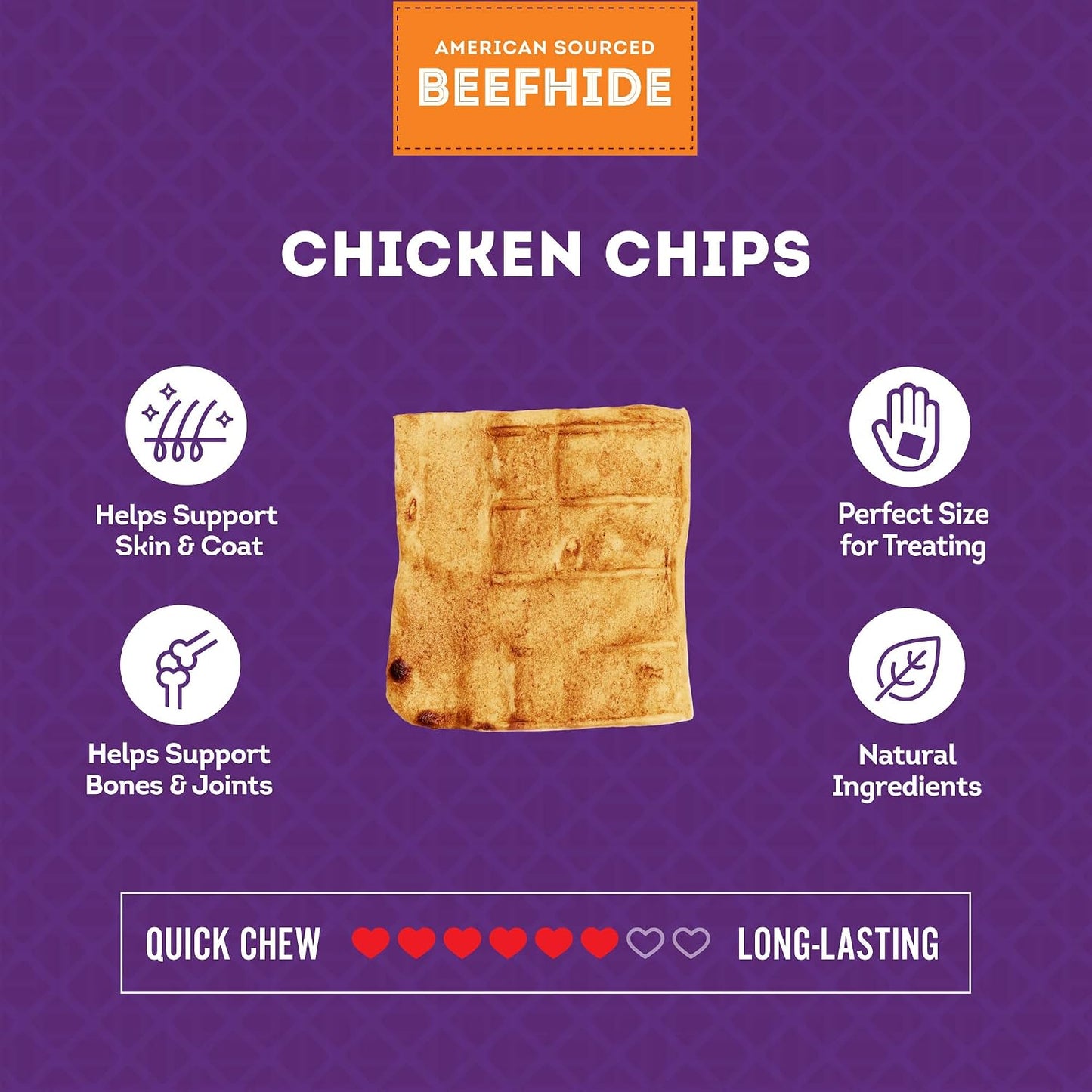 American cattle sourced basted beefhide chips for canine dental care.