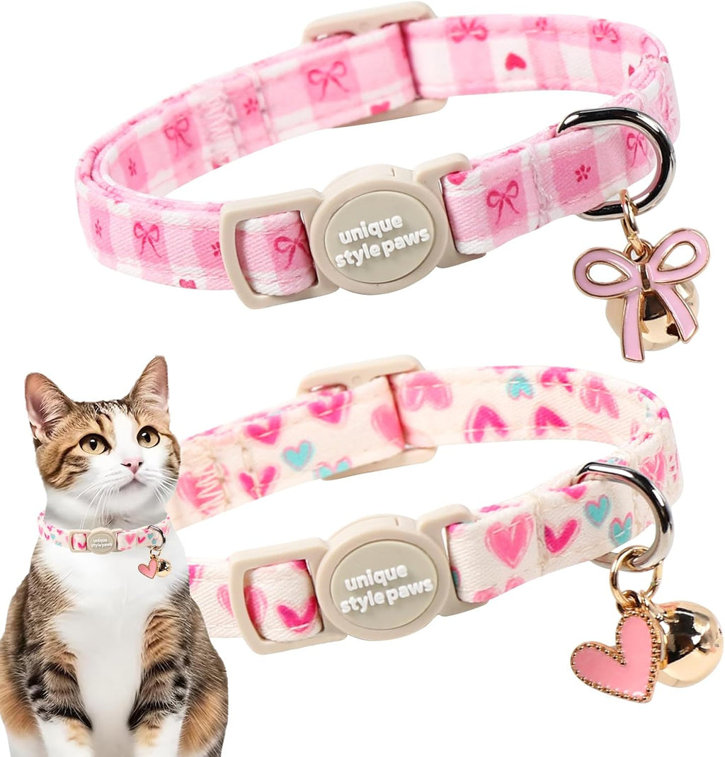 Unique Style Paws Valentine Kitten Collar 2 Pack front view showcasing the pink bow and beige heart patterns.