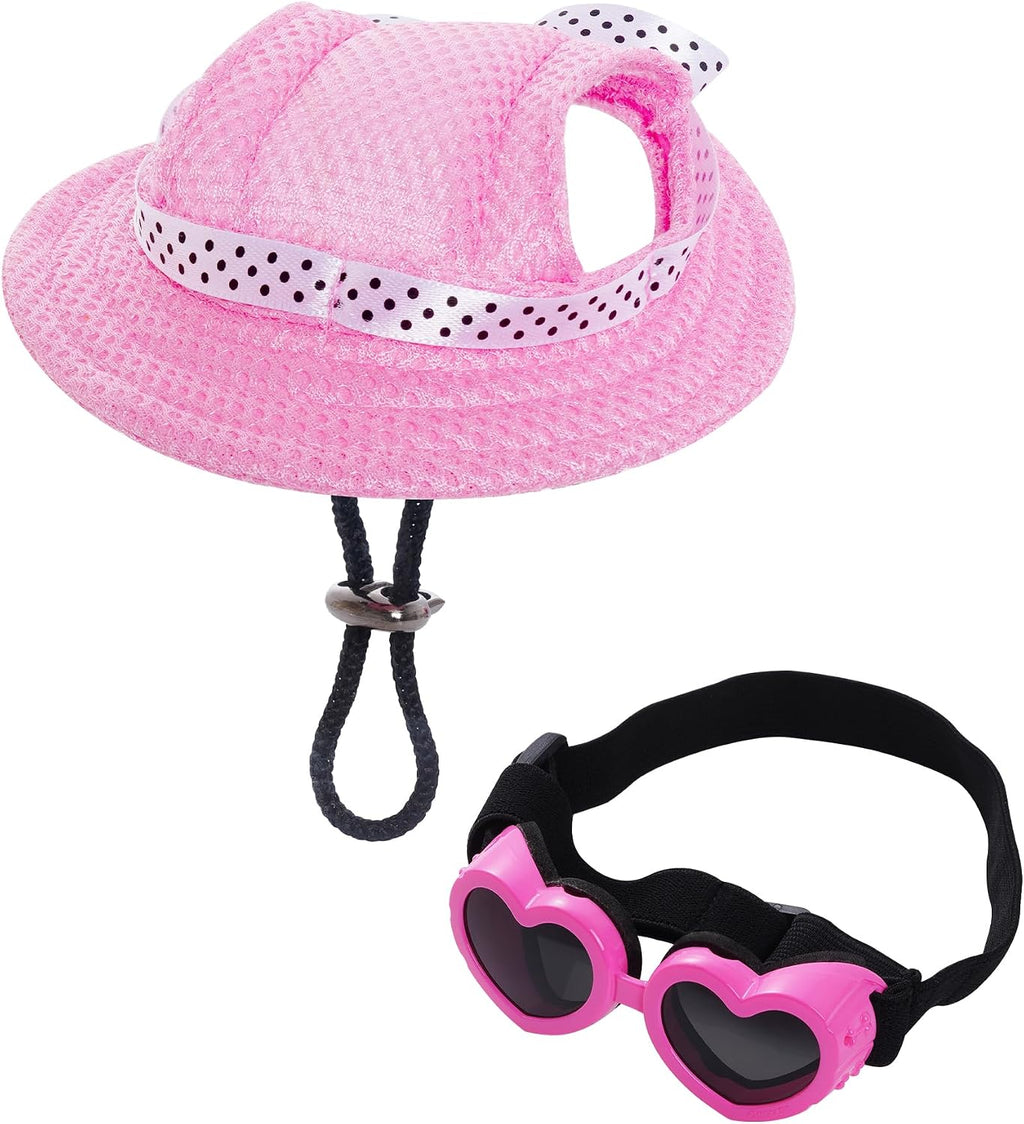 Choyaxo dog sun hat set with pink baseball visor and sunglasses front view