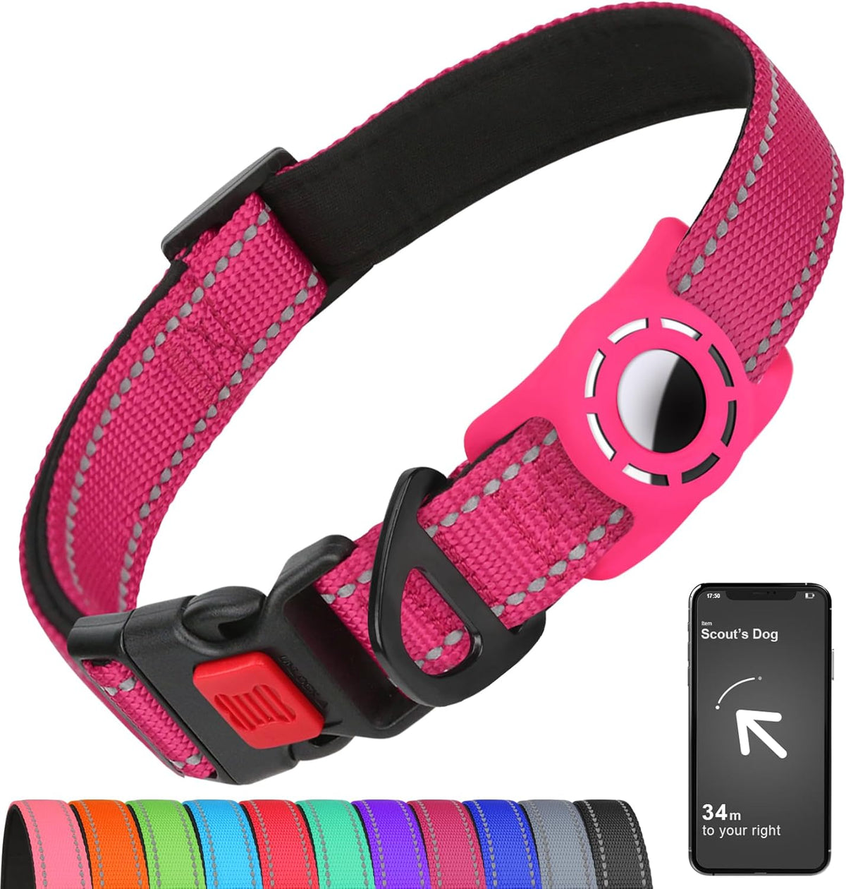 Erbine hot pink AirTag dog collar front view for small dogs