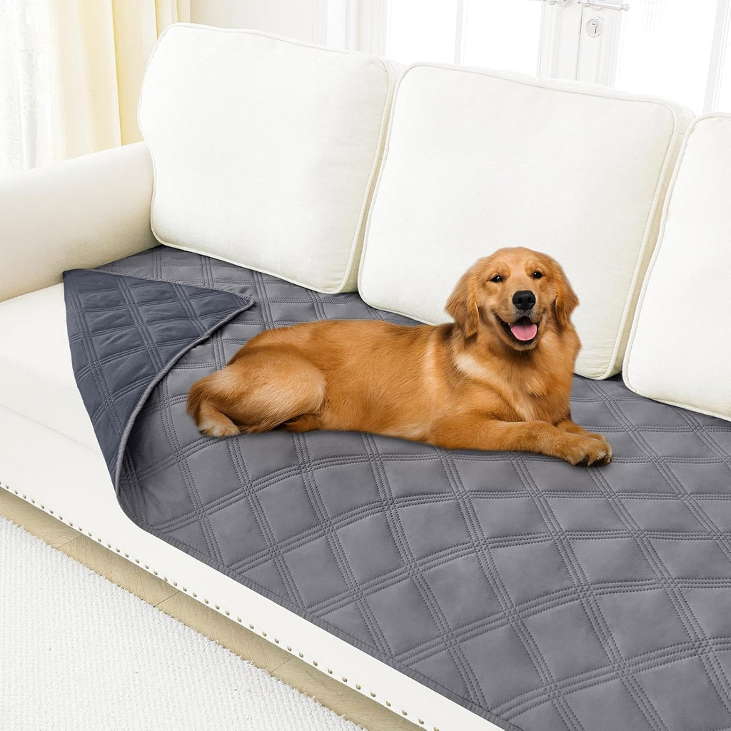 Smiry waterproof dog bed cover blanket front view showing grey quilted fabric texture.