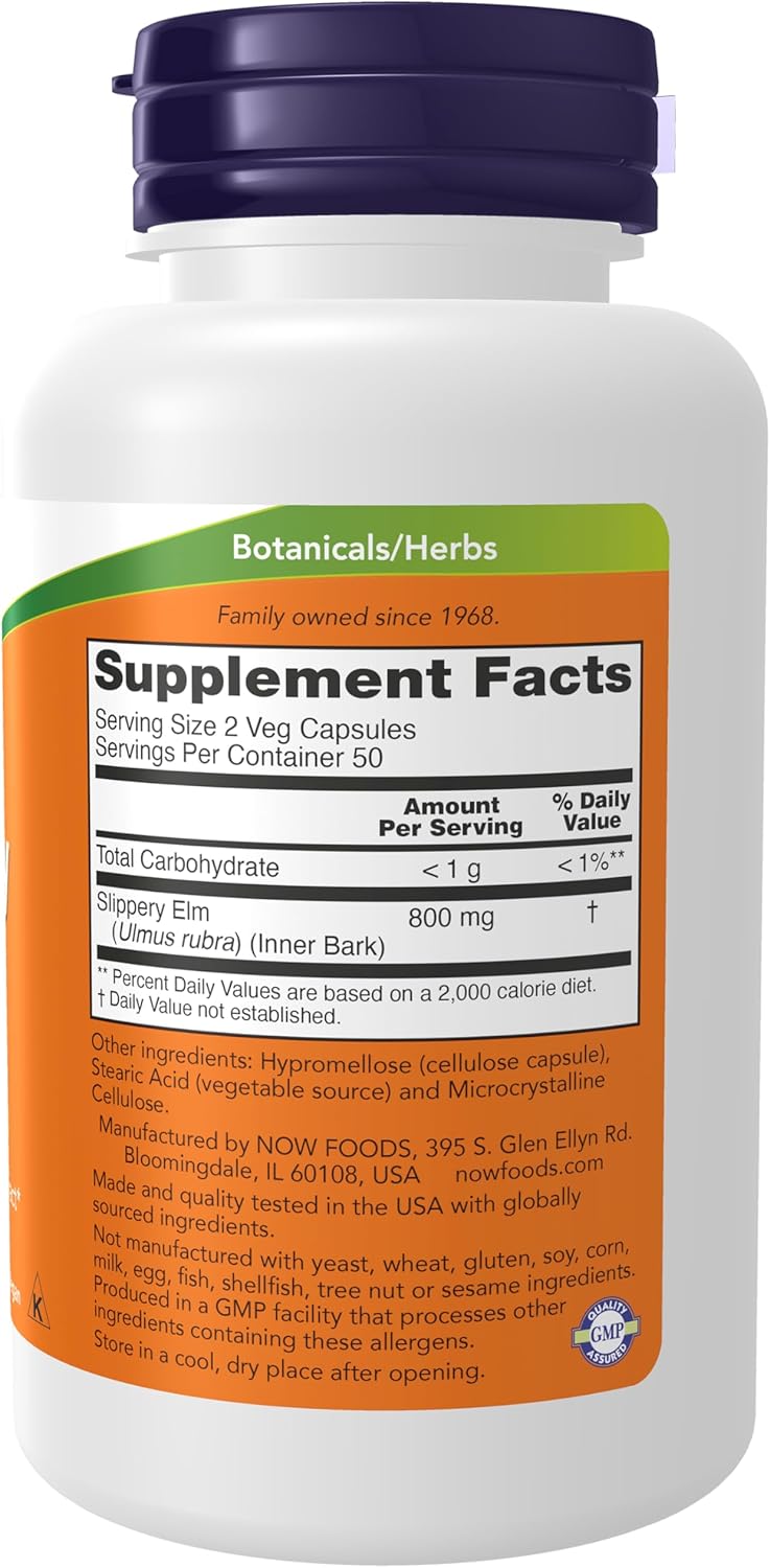 Now Foods Slippery Elm herbal supplement bottle showing suggested usage directions and dietary information.