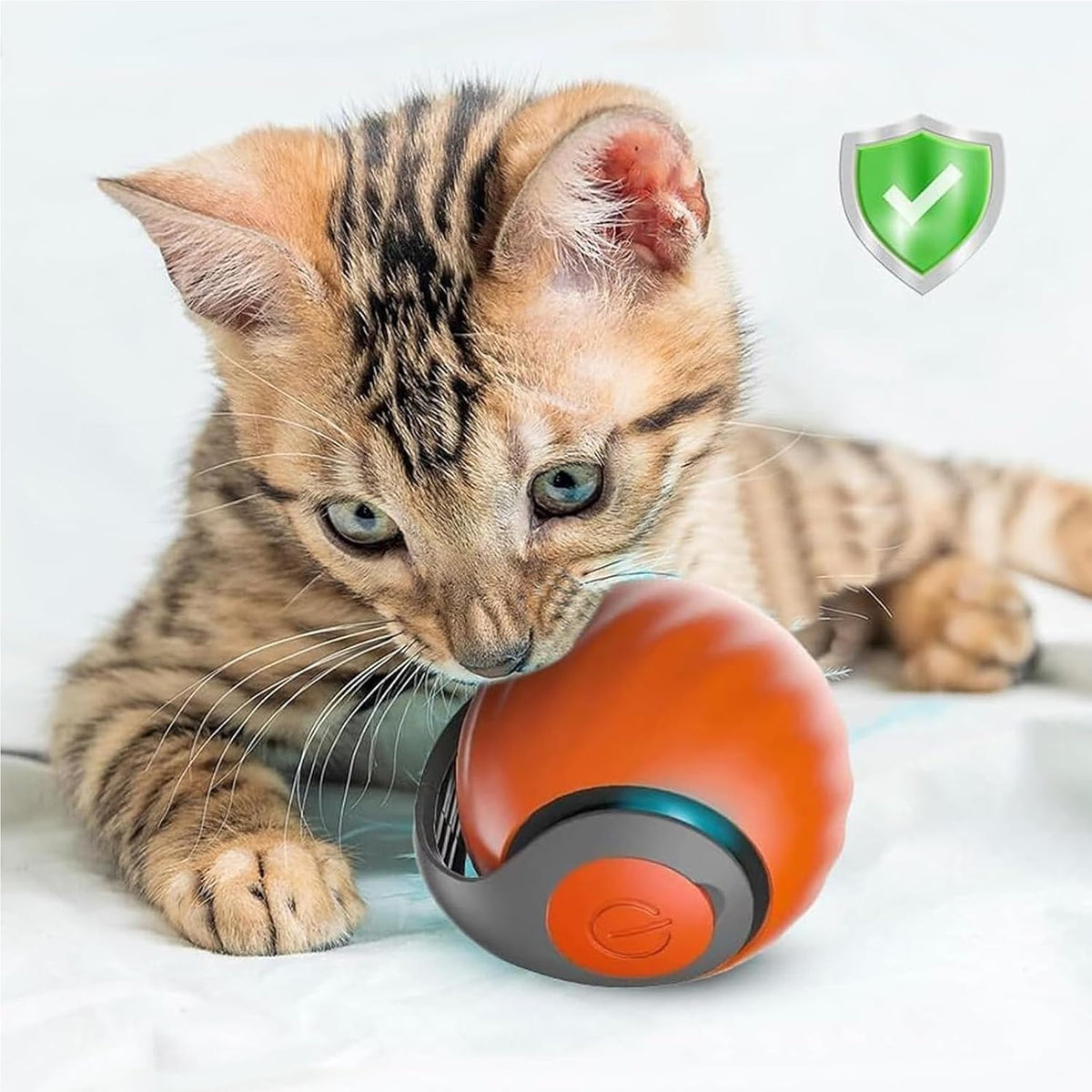 Autrety automatic moving cat toy ball close up highlighting the anti-collision silicone wheels.