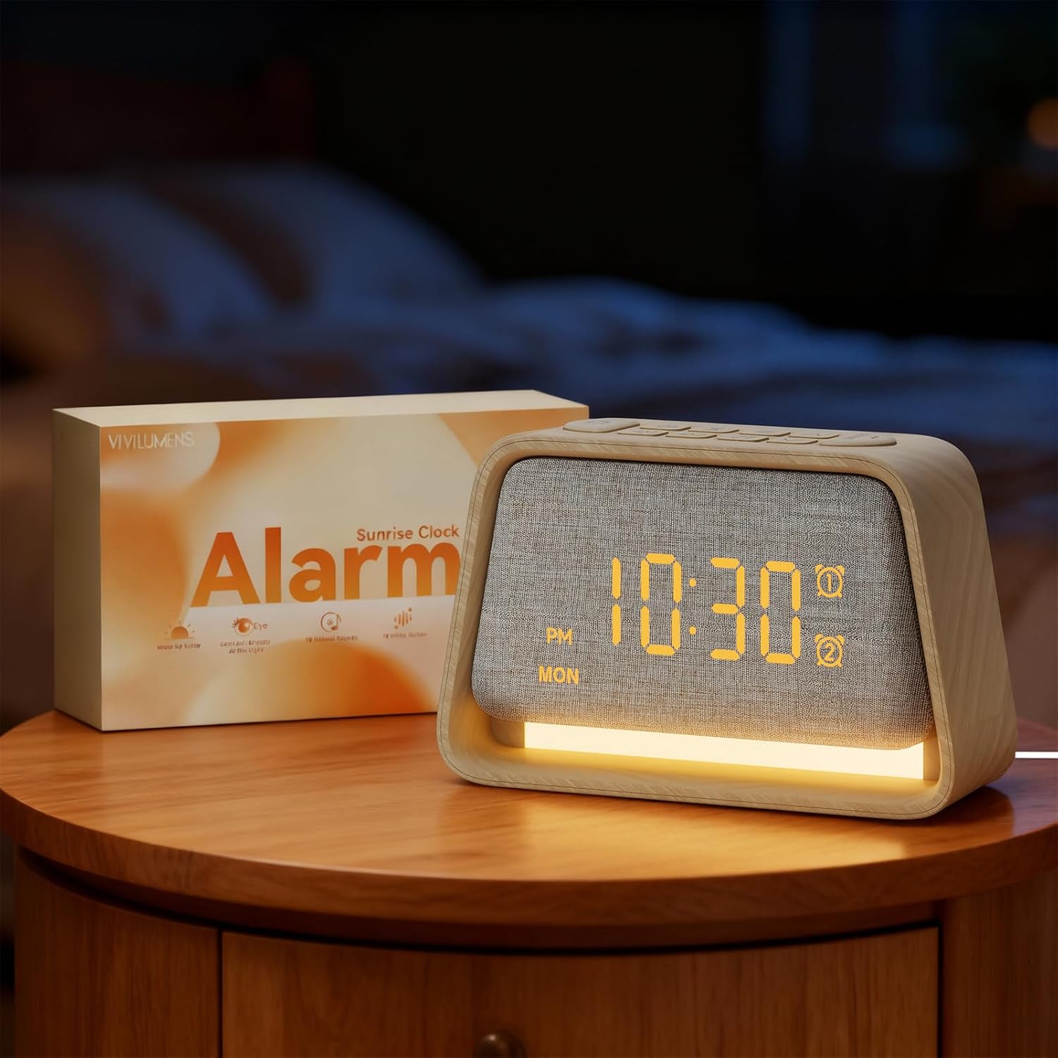 Vivilumens Wooden Sunrise Alarm Clock front view showing the elegant wood grain finish and fabric screen.