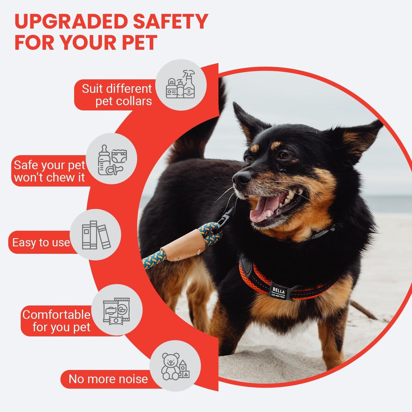 Mio Crafts silent cat collar tag demonstrating how the flexible loops slide seamlessly onto a pet collar strap